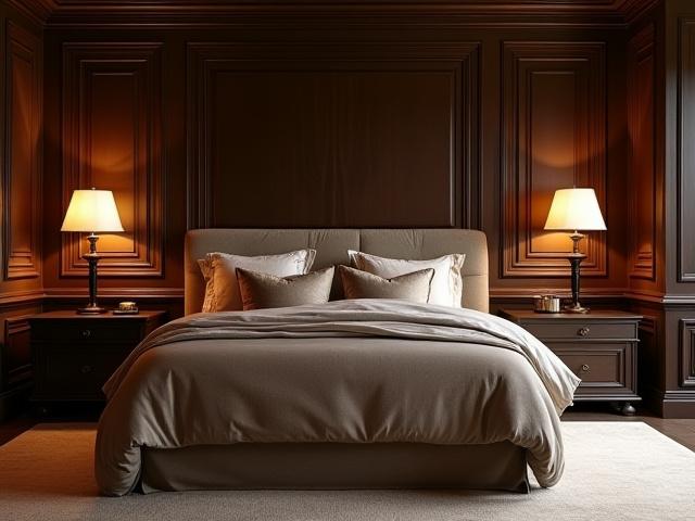 Klassisk soverom med mørke trepaneler og en stor, komfortabel seng
